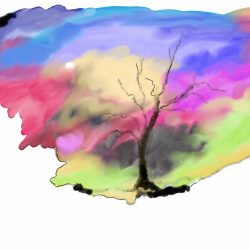 Fall Coming, watercolor in amorphous field with tree and sun or moon