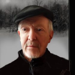 Self-portrait of artist against winter drawing