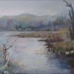 oil painting of a country river in late autumn with mountains in distance