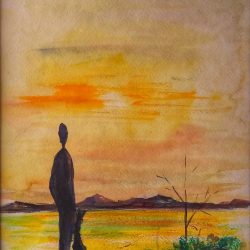 watercolor figure silhouetted on desert sunset