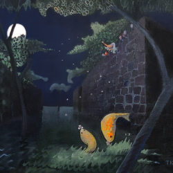 two golden fish being fed petals under moonlight